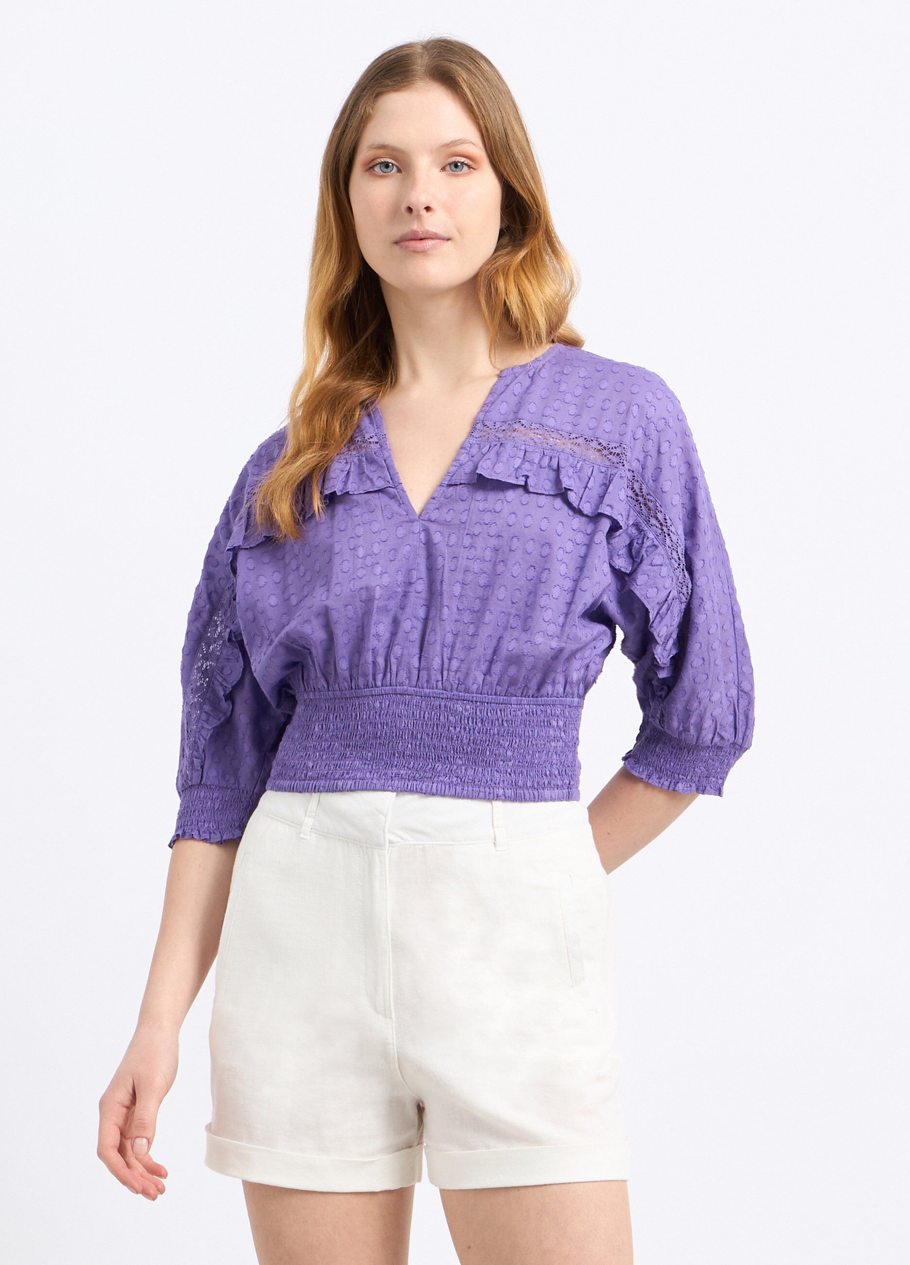 Blusa cropped in puro cotone con lavorazione jacquard donna