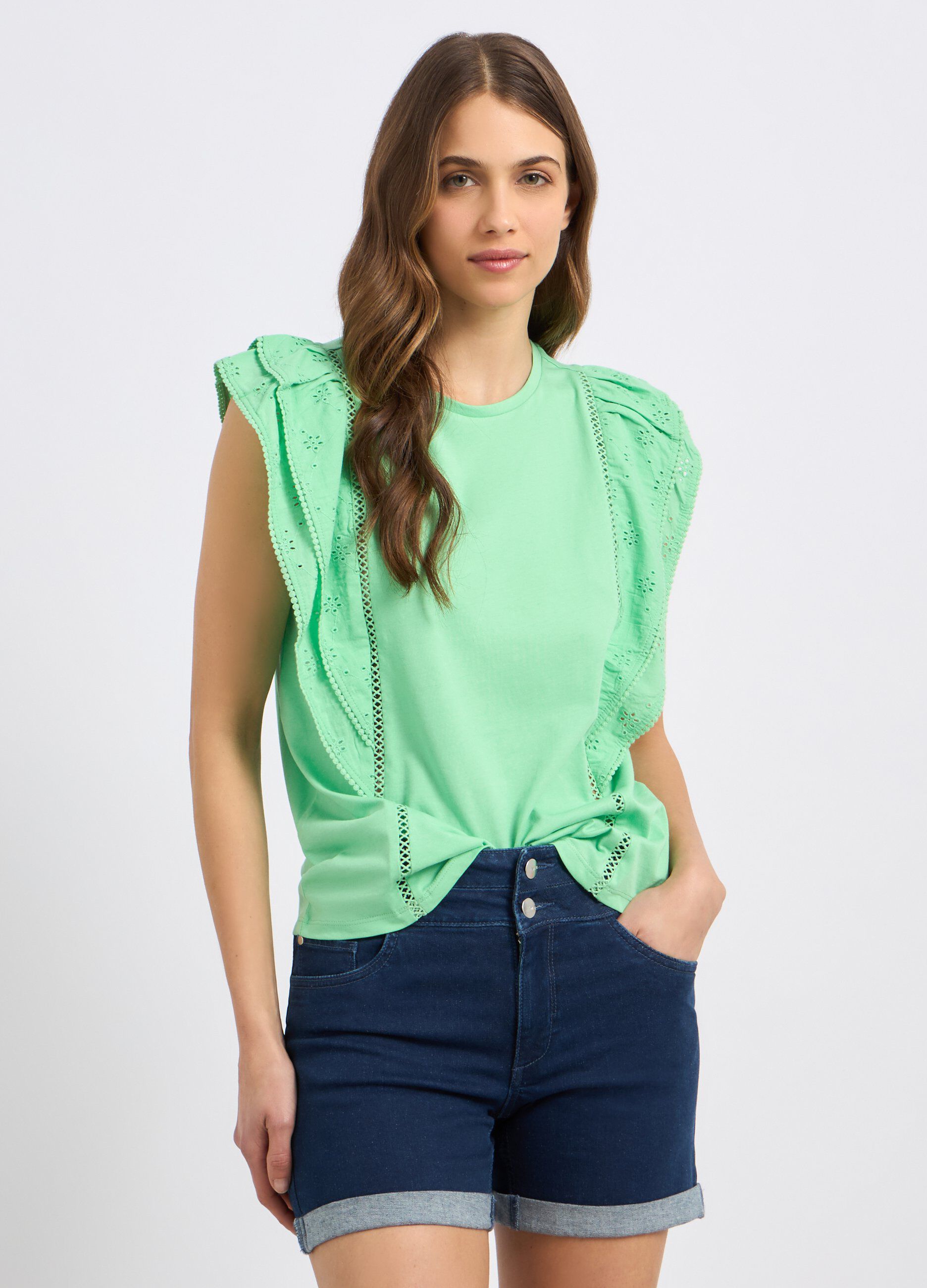 T-shirt in puro cotone con inserti in sangallo donna