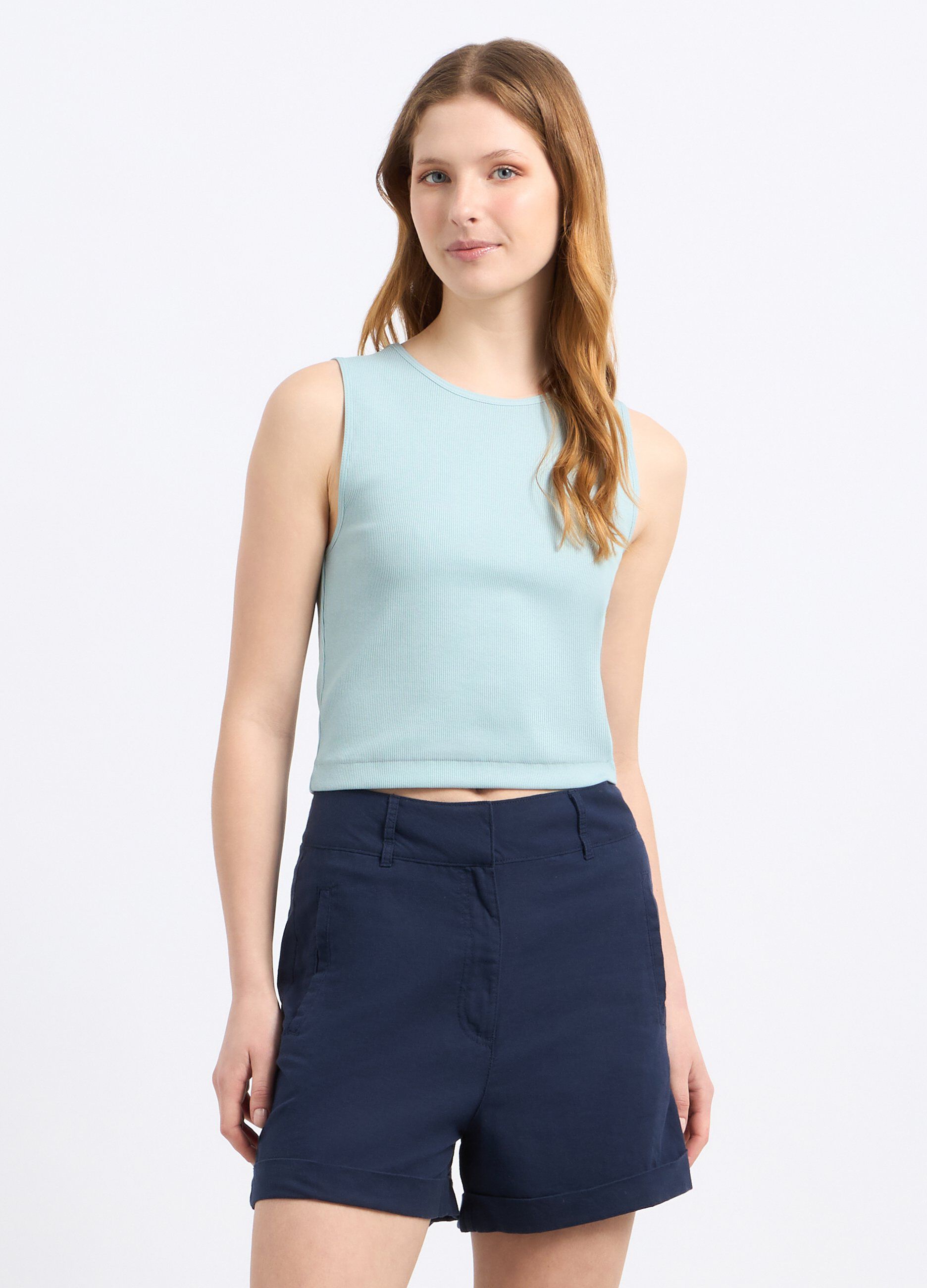 Top cropped in costina di cotone stretch donna