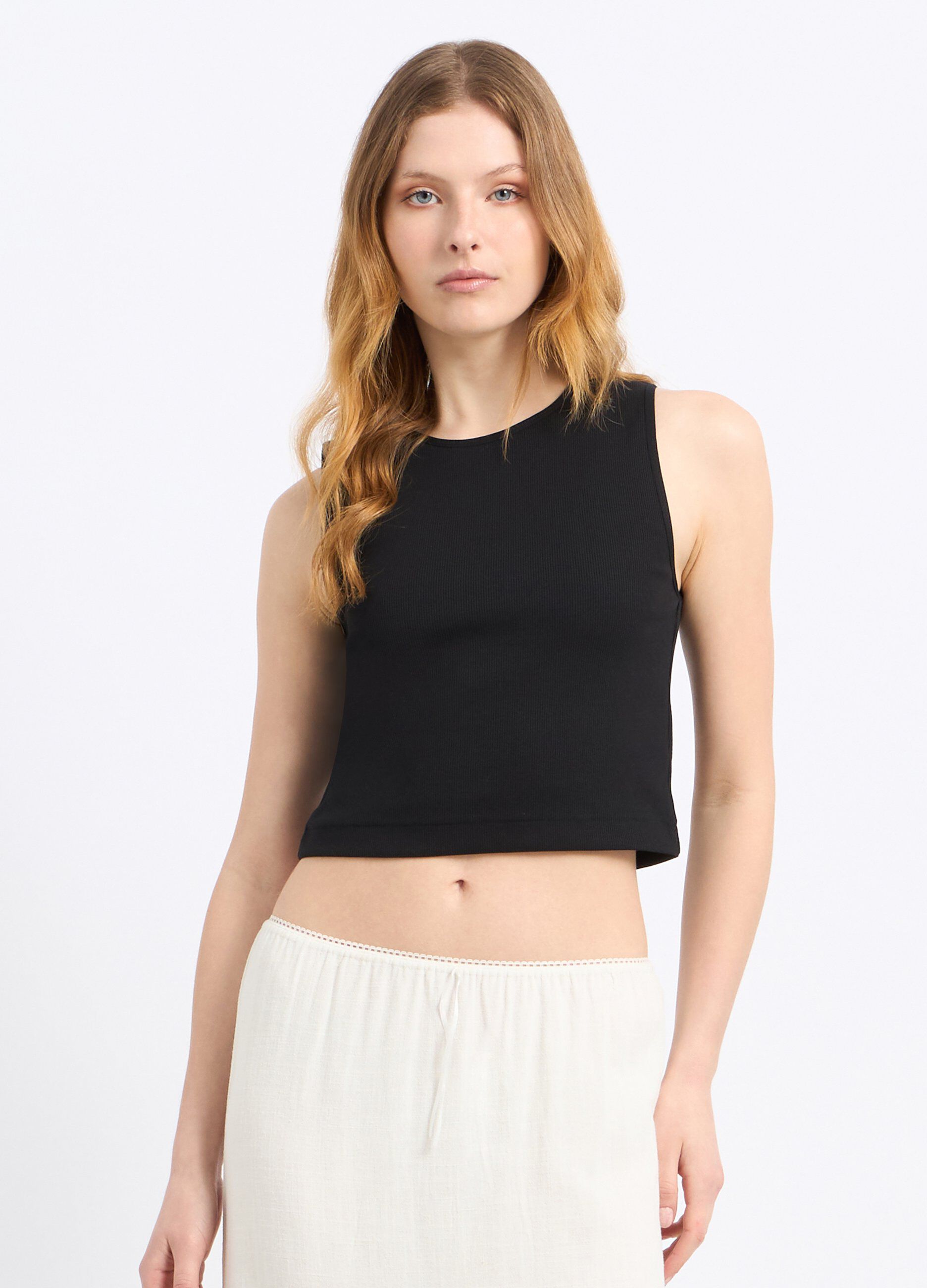 Top cropped in costina di cotone stretch donna