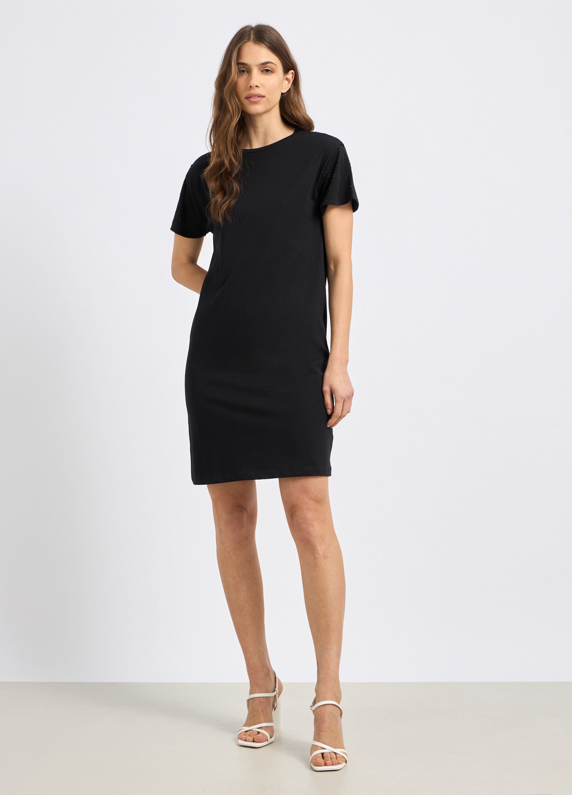 Vestito corto in puro cotone con strass donna