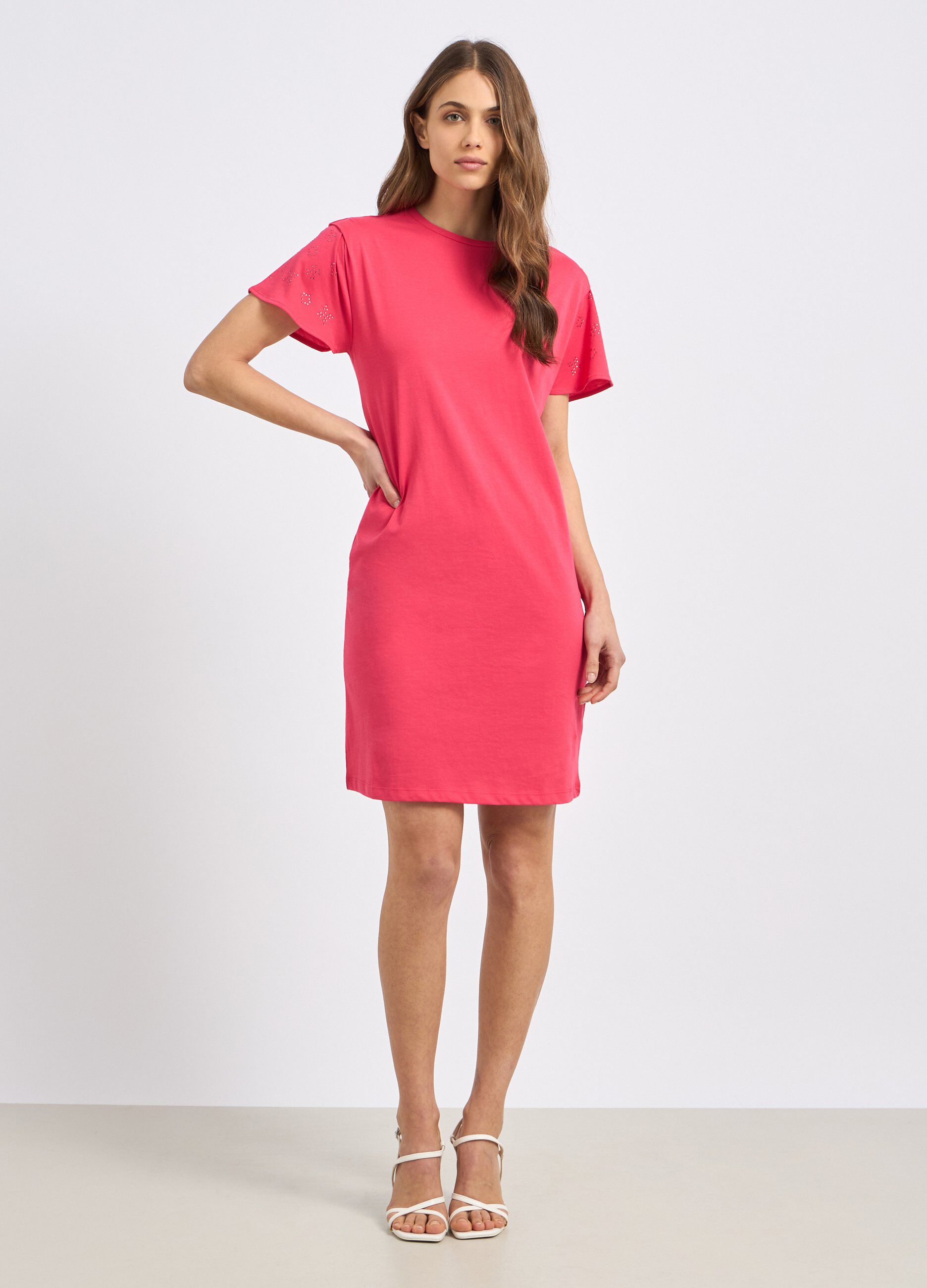 Vestito corto in puro cotone con strass donna