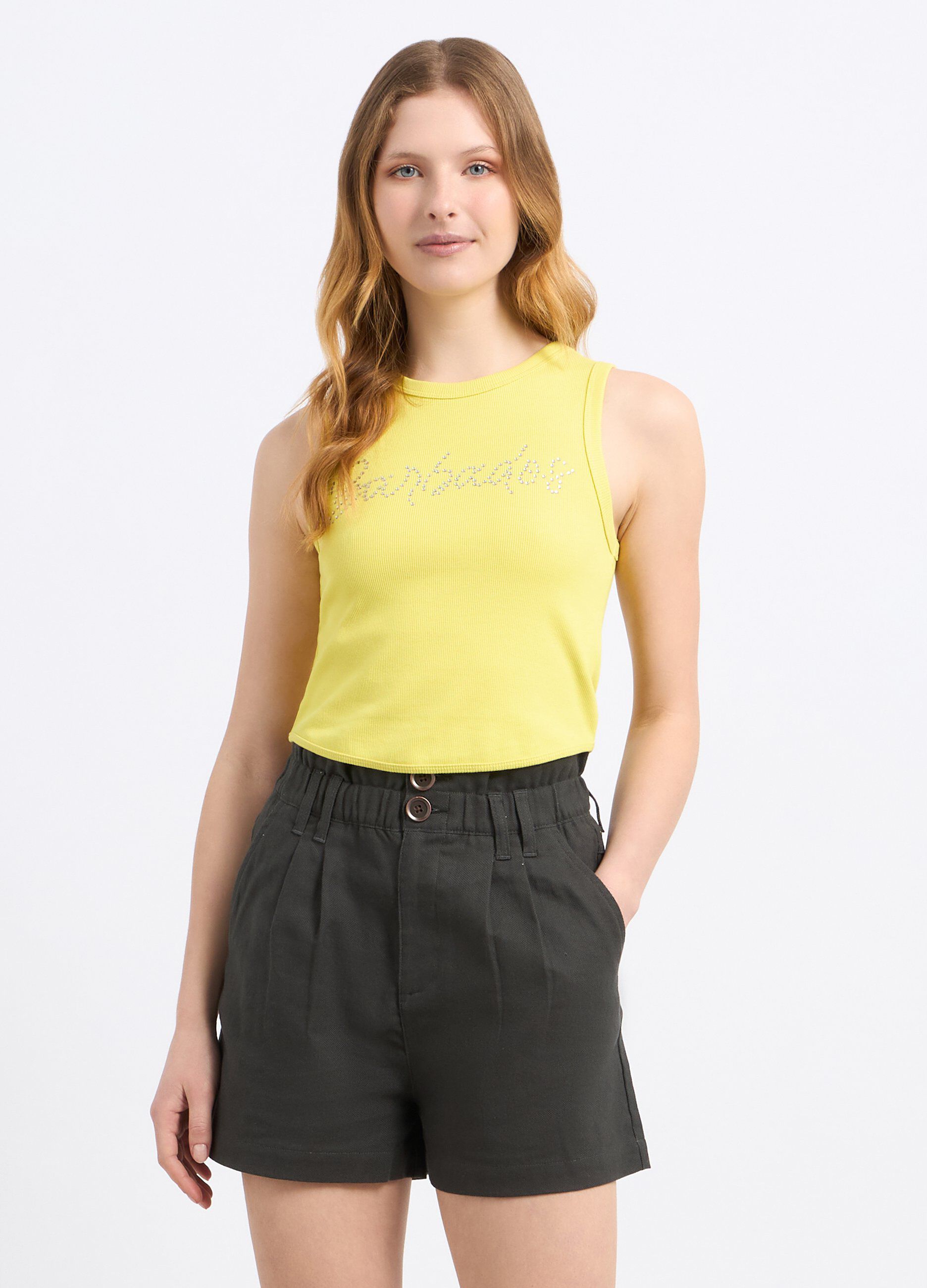 Top cropped in costina di cotone stretch donna