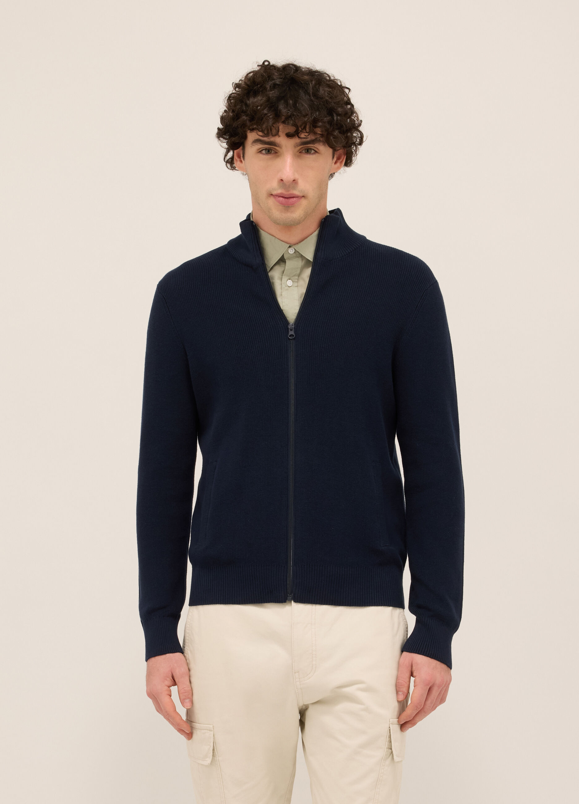 Cardigan lupetto con zip in puro cotone uomo