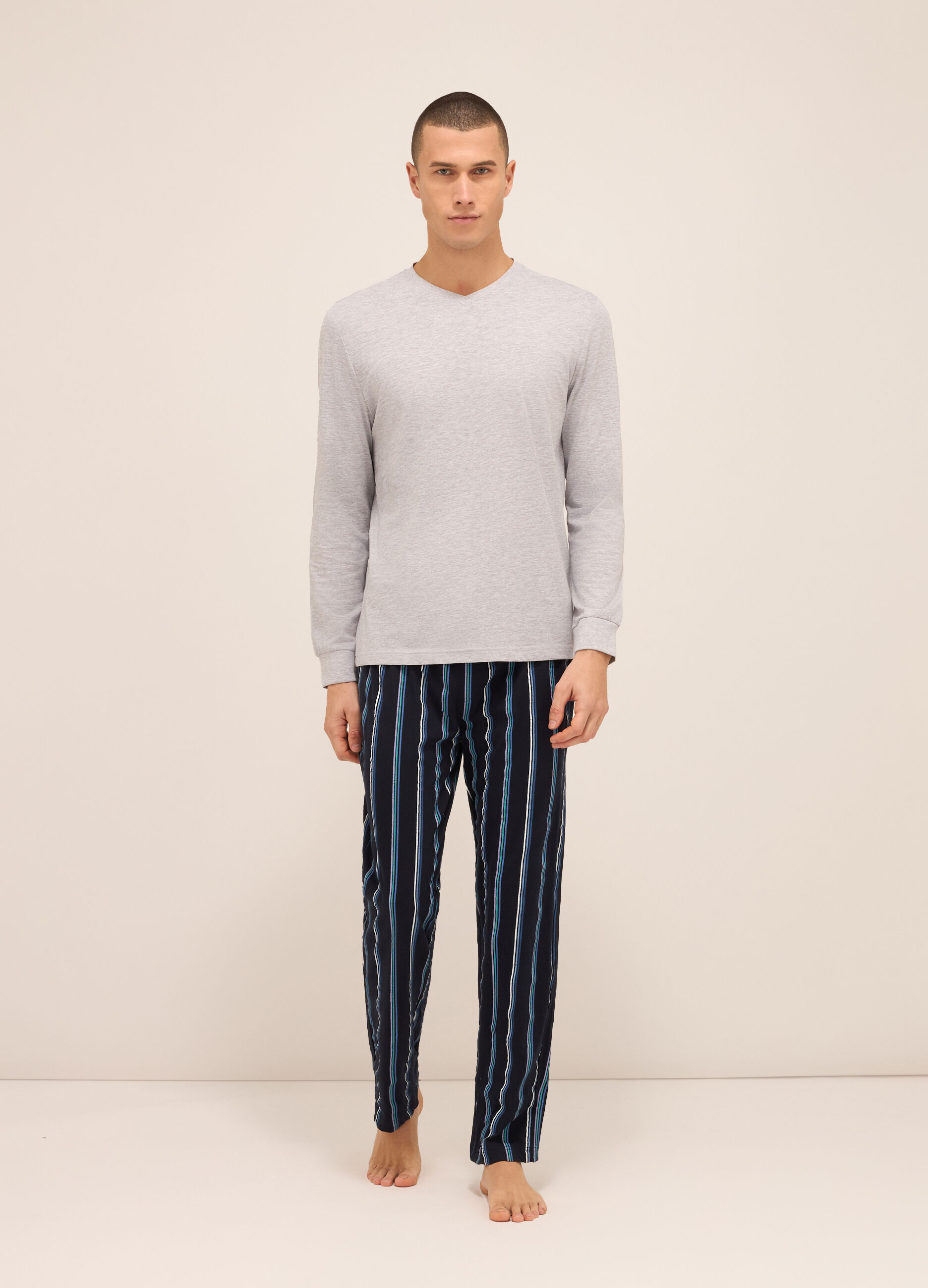 Maglia del pigiama scollo a V in puro cotone uomo