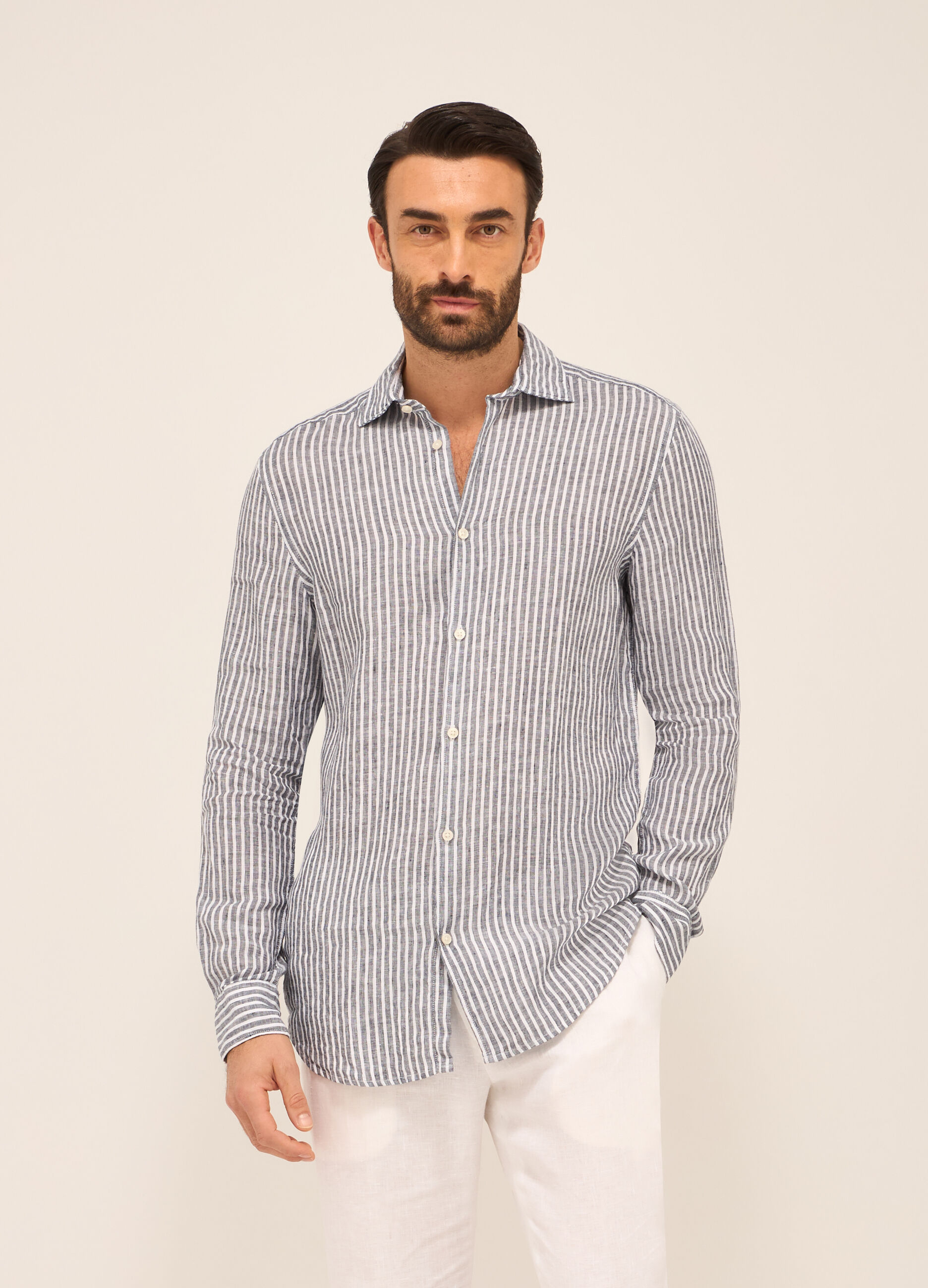 Camicia slim fit in lino a righe uomo