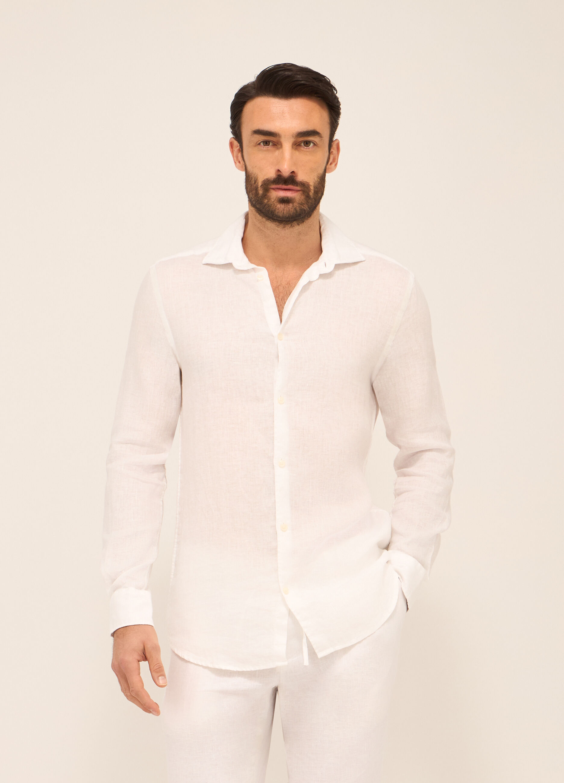 Camicia slim fit in lino a righe uomo