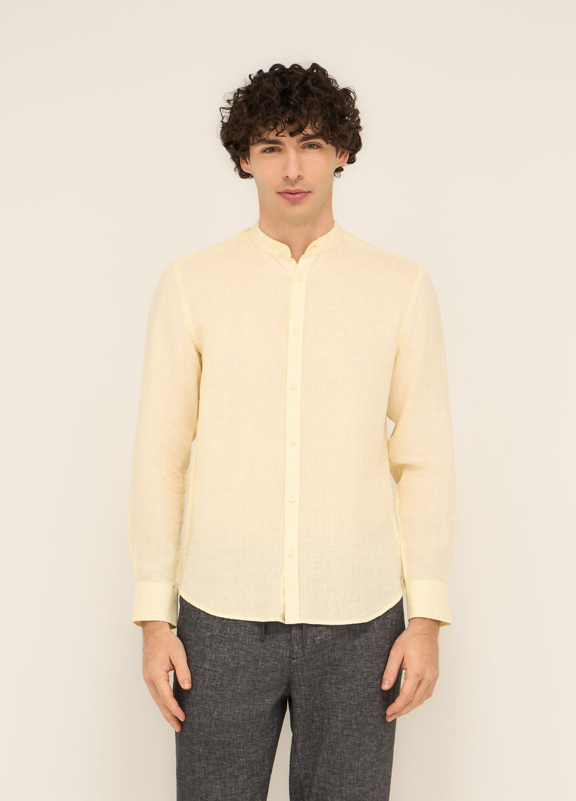 Camicia colletto coreano in puro lino uomo
