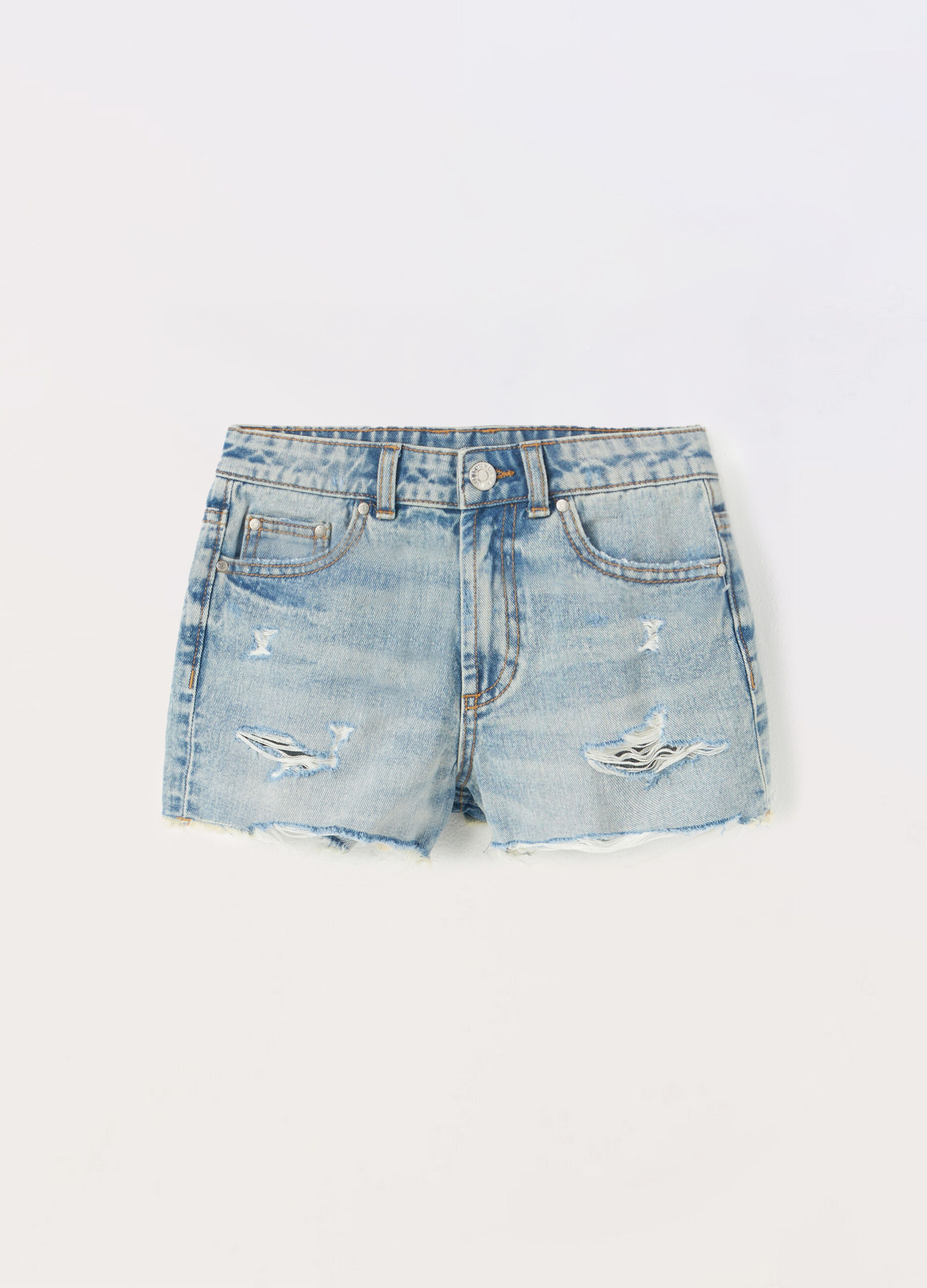 Shorts ripped in denim di puro cotone ragazza